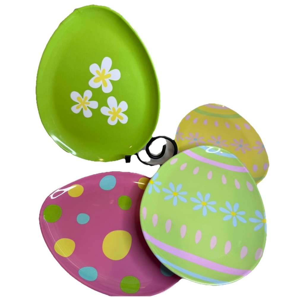 Easter Egg Plates 4pc Set Melamine Pastel Floral Polka Dot Holiday Decor Stand